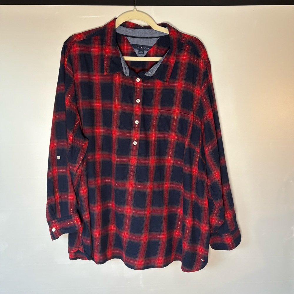 Tommy Hilfiger Red and Black Plaid Shirt gold highlights